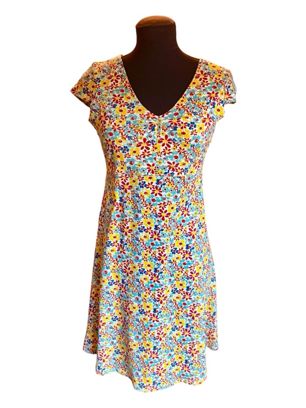 Toad & Co Rosemarie Floral Yellow Blue Red Dress V-neck Cap Sleeves size Small